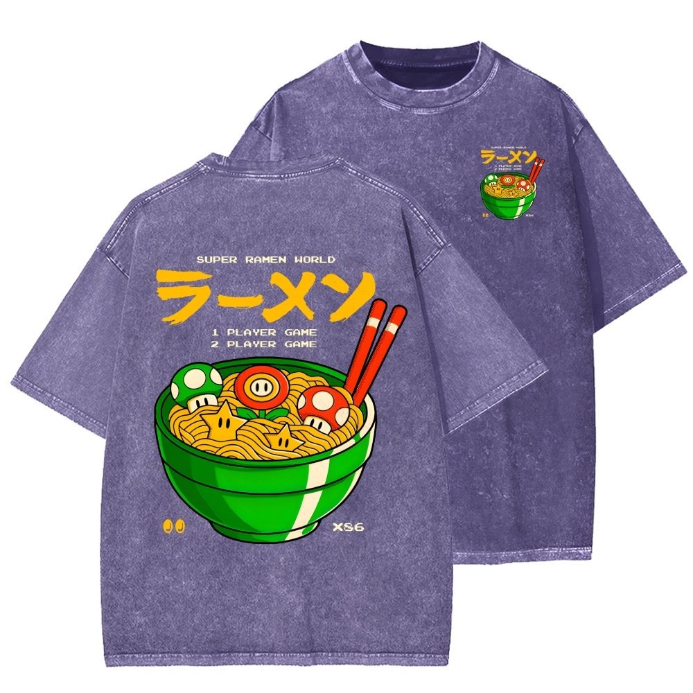 Unisex Super Ramen World Front And Back Printed Washed Tee
