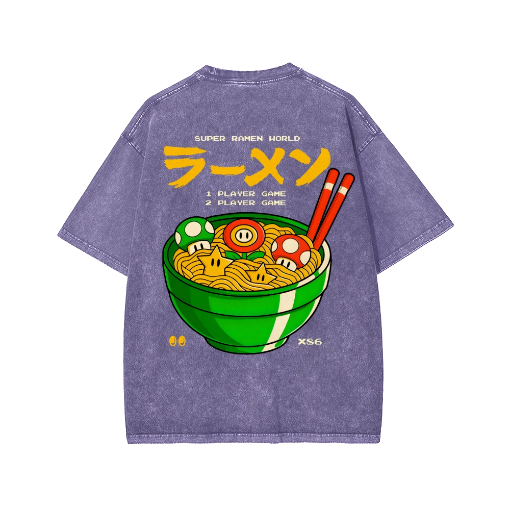 Unisex Super Ramen World Front And Back Printed Washed Tee