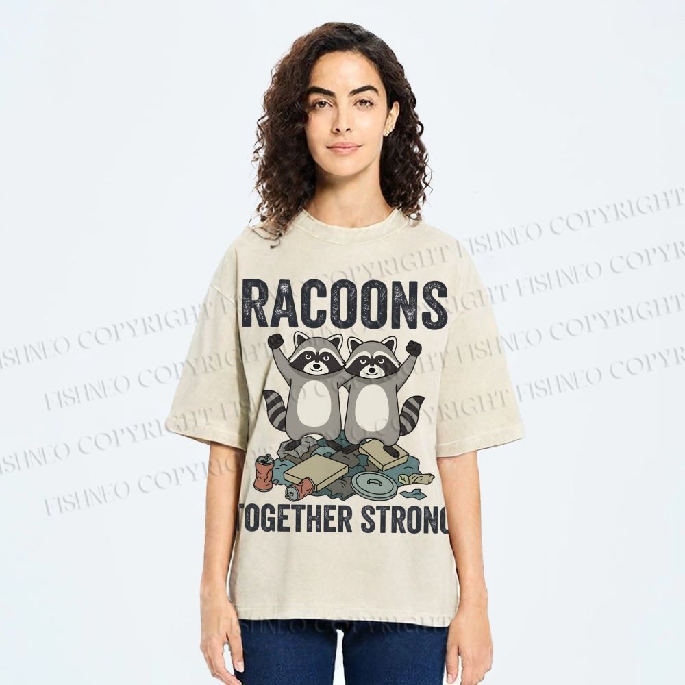 Unisex Raccoon Together Strong Printed Washed Tee