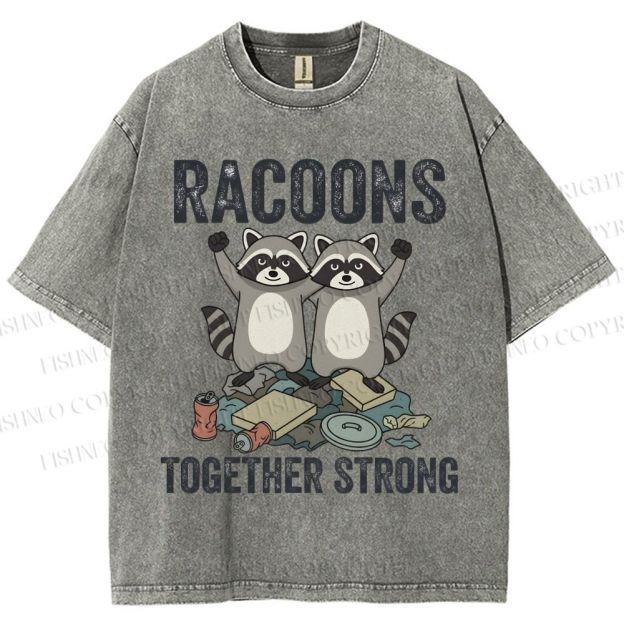Unisex Raccoon Together Strong Printed Washed Tee
