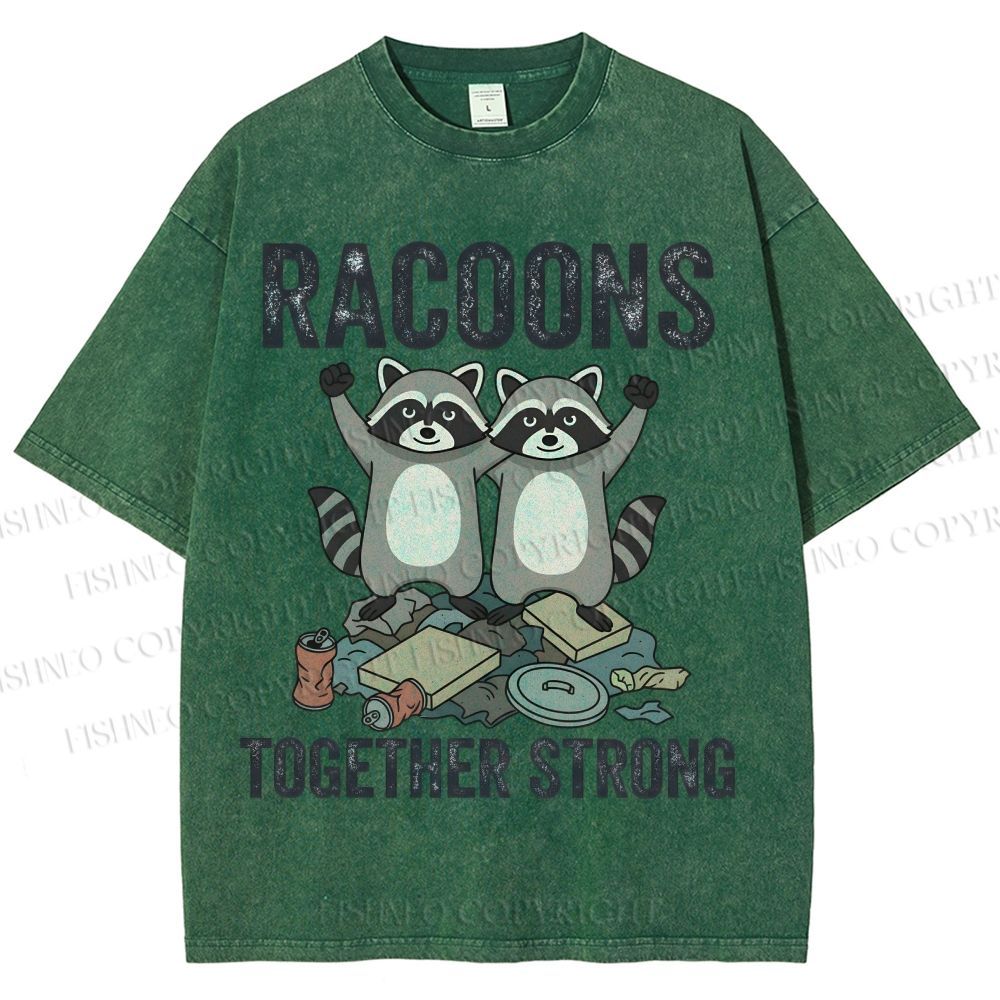 Unisex Raccoon Together Strong Printed Washed Tee