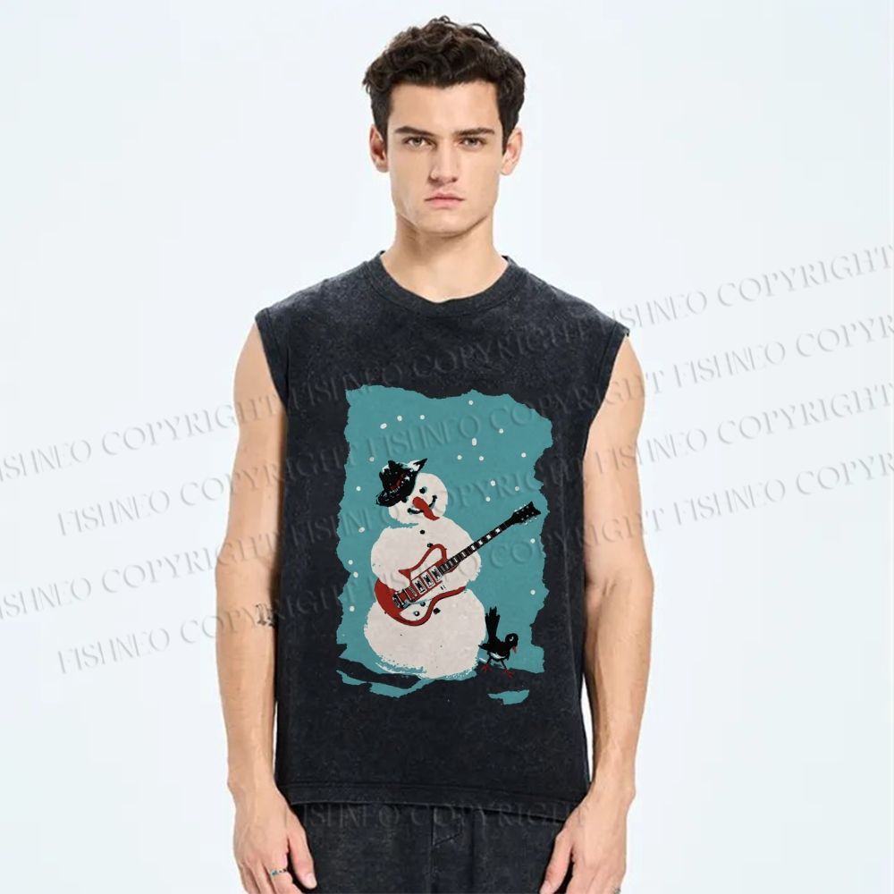 Unisex Rock Snowman Printed Washed Tank Top
