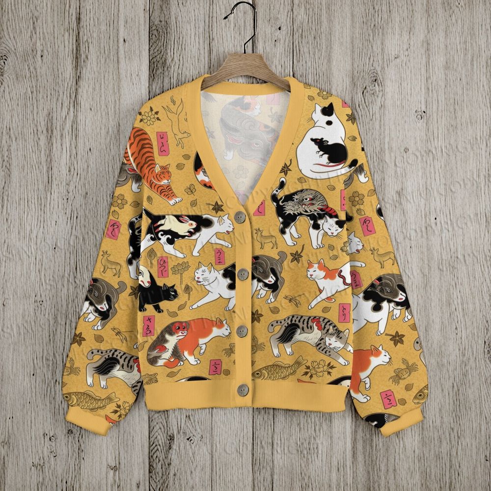 Ugly Vintage Cat Japanese Art Cardigan Sweater