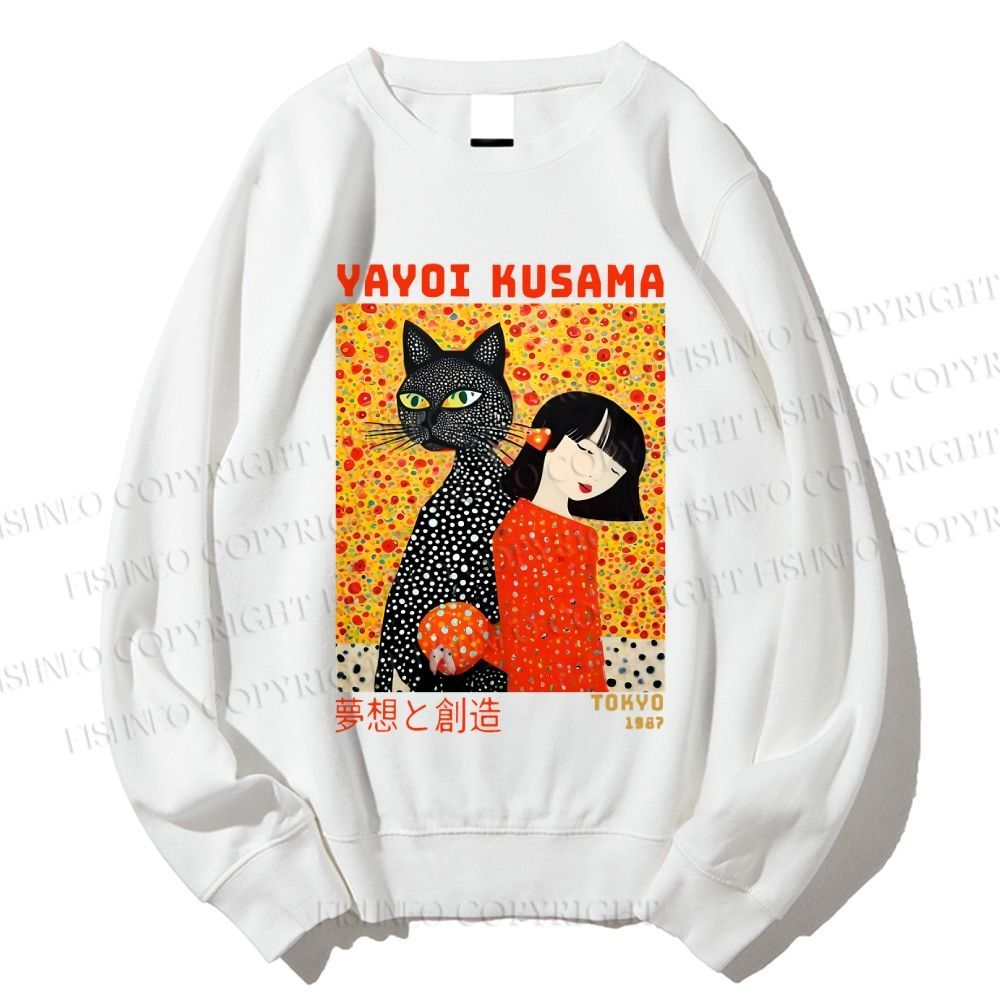 Unisex Yayoi Kusama Cat and Woman Printed Sweatshirt