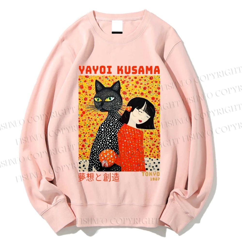 Unisex Yayoi Kusama Cat and Woman Printed Sweatshirt