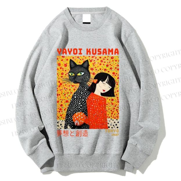 Unisex Yayoi Kusama Cat and Woman Printed Sweatshirt