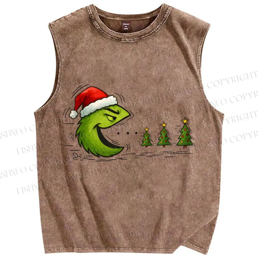 Unisex Pac-Man Grinch Christmas Printed Washed Tank Top