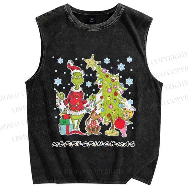Unisex Merry Grinchmas Printed Washed Tank Top