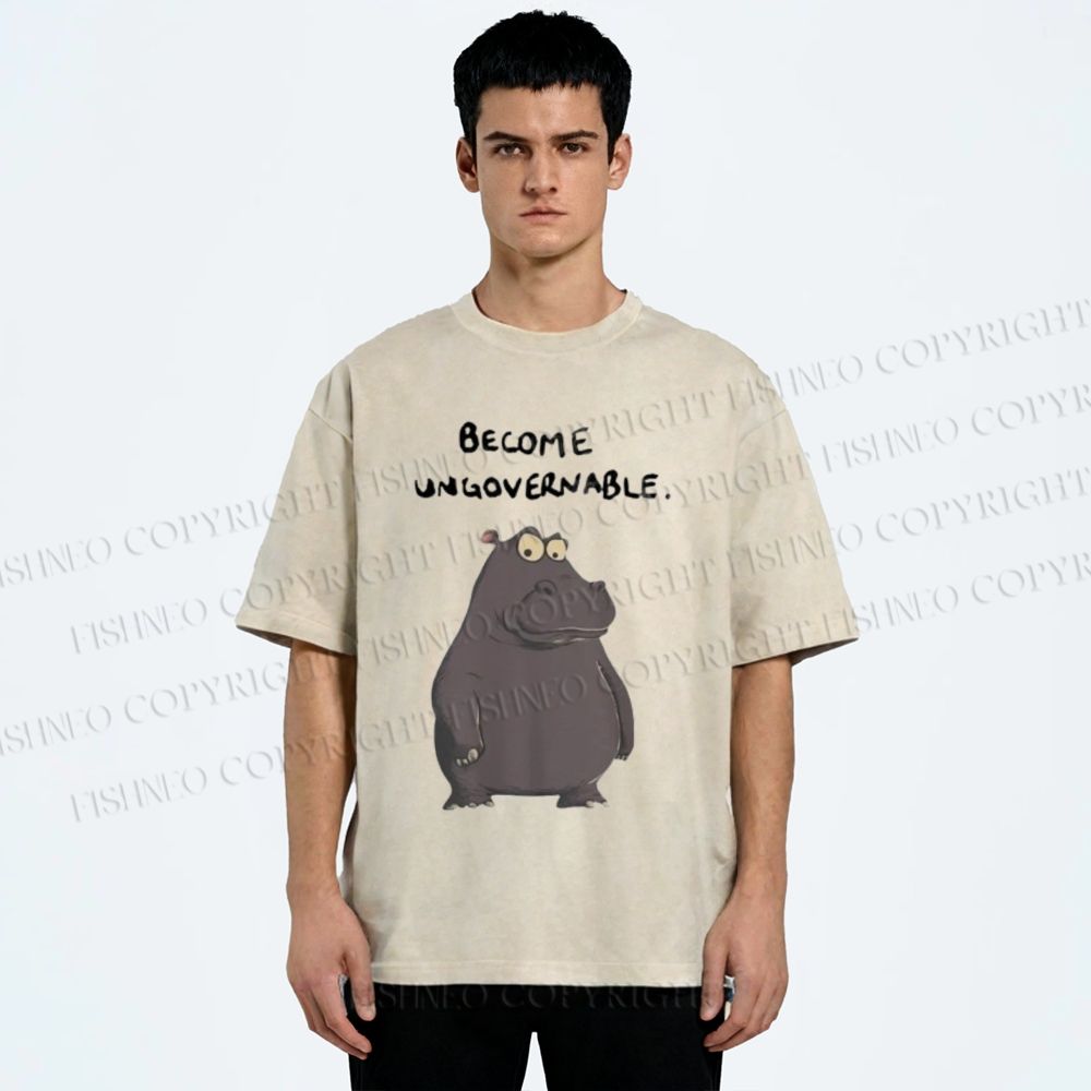 Unisex Hippo Become ungovernable Printed Washed Tee