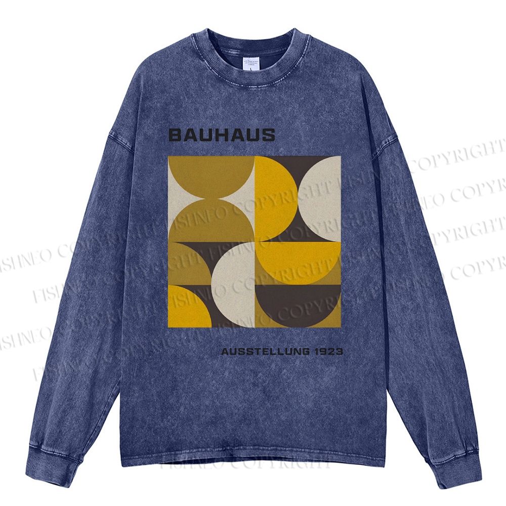 Unisex Casual Washed Bauhaus Geometry Printed Long Sleeve T-shirt