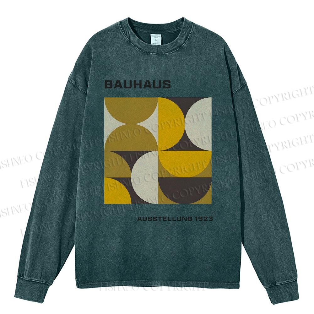 Unisex Casual Washed Bauhaus Geometry Printed Long Sleeve T-shirt