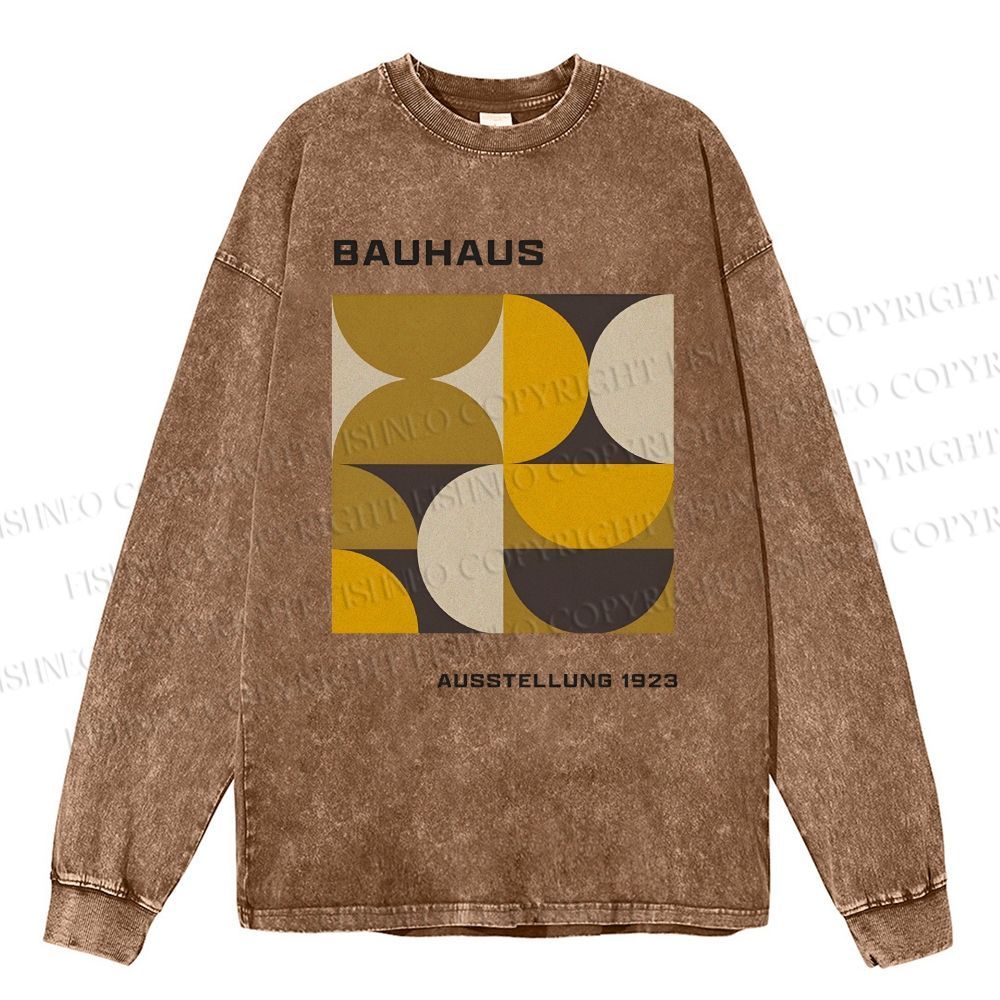 Unisex Casual Washed Bauhaus Geometry Printed Long Sleeve T-shirt