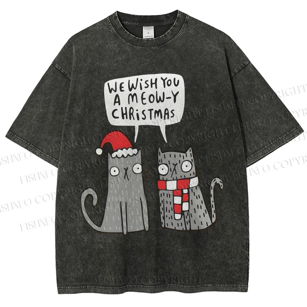 Unisex Wish You A Meow Christmas Cat Printed Washed Tee