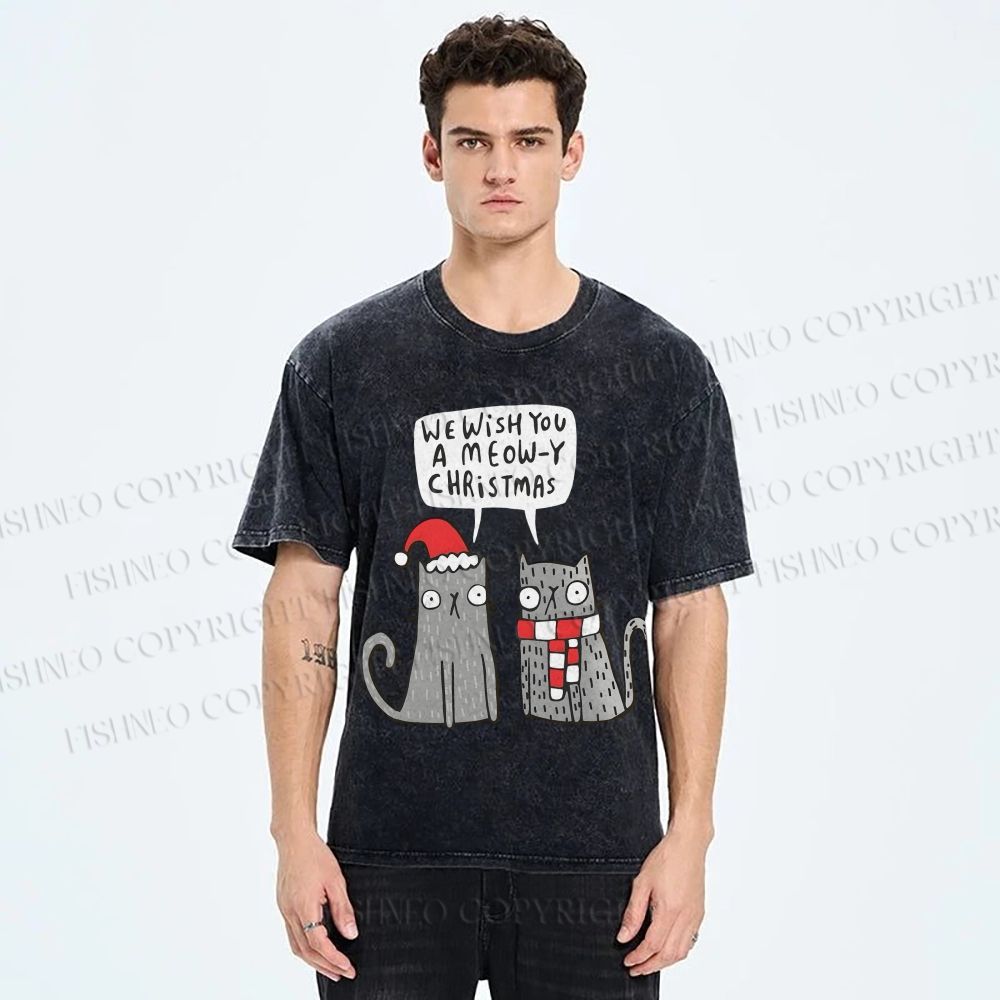 Unisex Wish You A Meow Christmas Cat Printed Washed Tee