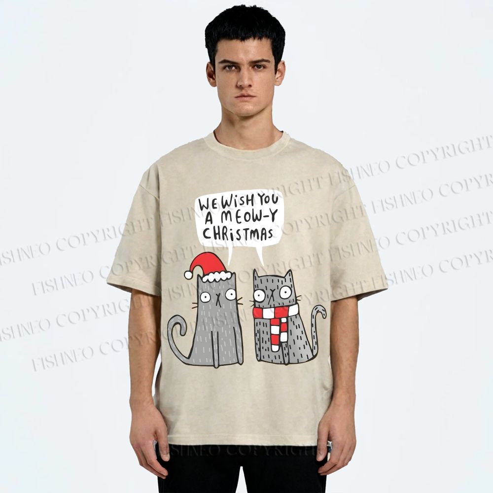 Unisex Wish You A Meow Christmas Cat Printed Washed Tee