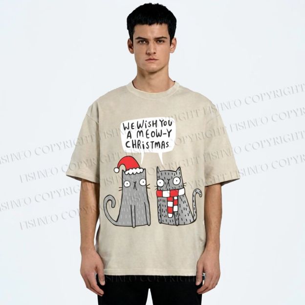 Unisex Wish You A Meow Christmas Cat Printed Washed Tee