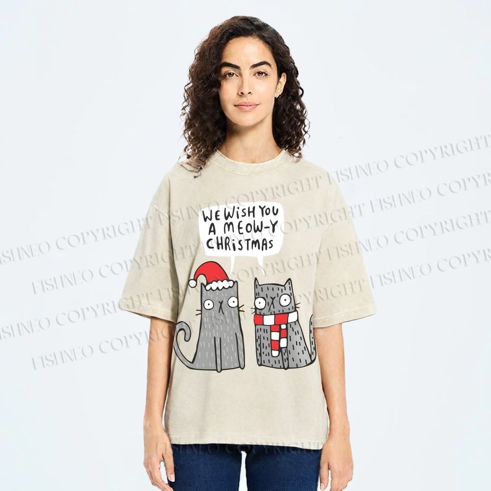 Unisex Wish You A Meow Christmas Cat Printed Washed Tee