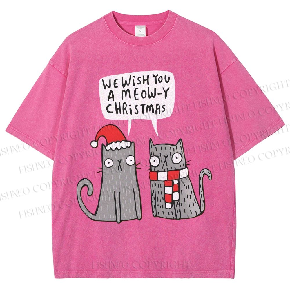 Unisex Wish You A Meow Christmas Cat Printed Washed Tee