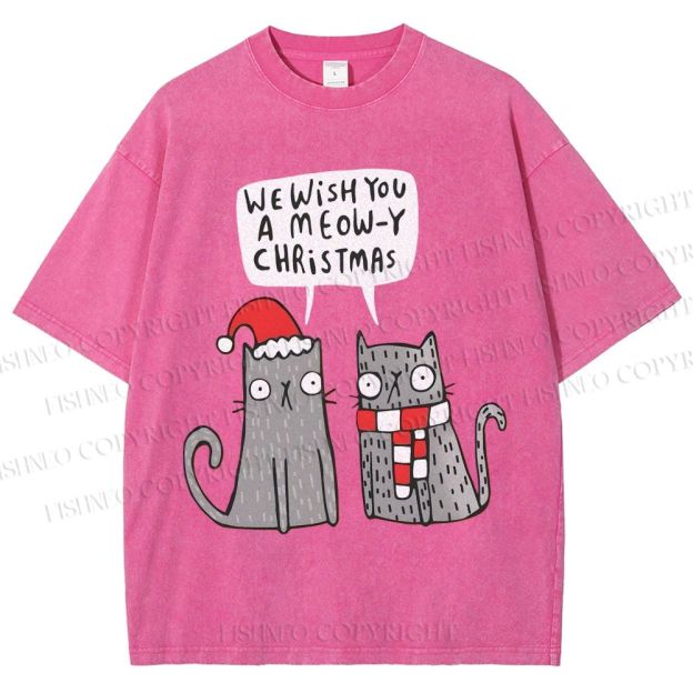 Unisex Wish You A Meow Christmas Cat Printed Washed Tee