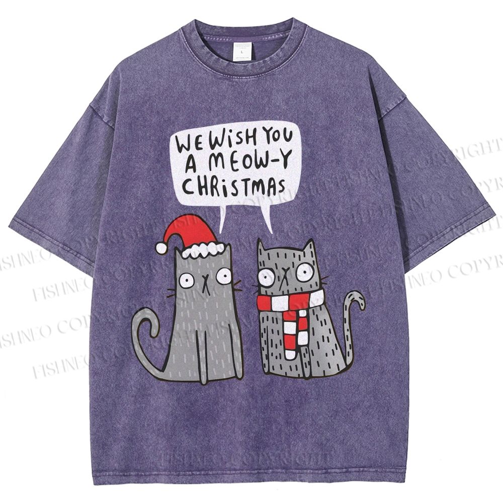Unisex Wish You A Meow Christmas Cat Printed Washed Tee
