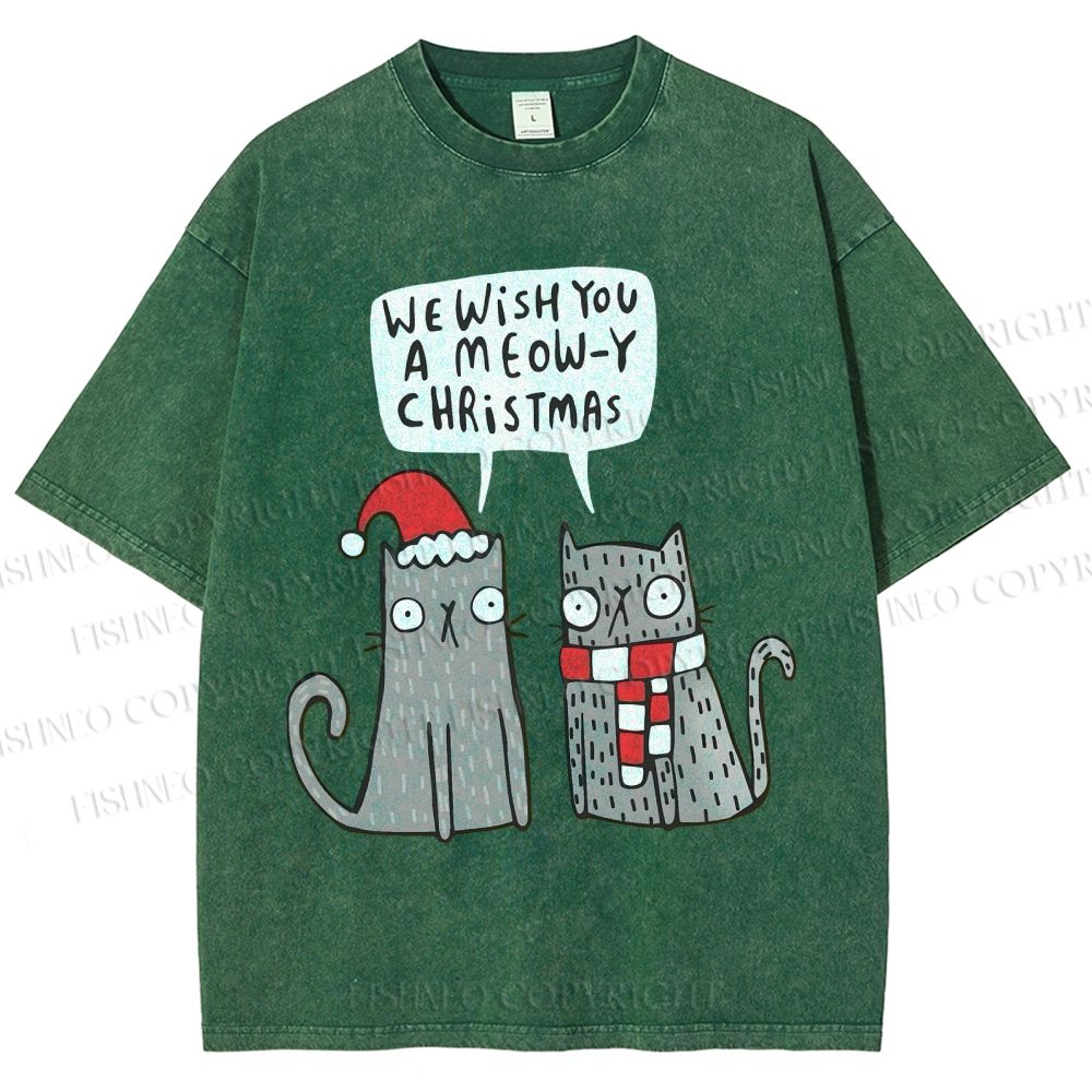 Unisex Wish You A Meow Christmas Cat Printed Washed Tee