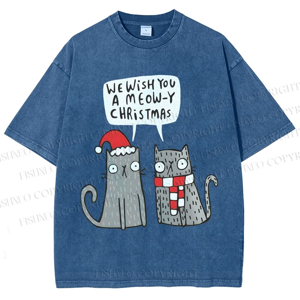 Unisex Wish You A Meow Christmas Cat Printed Washed Tee