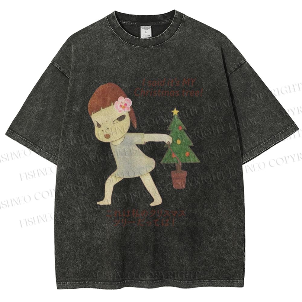 Unisex Yoshitomo Nara Christmas Tree Printed Washed Tee