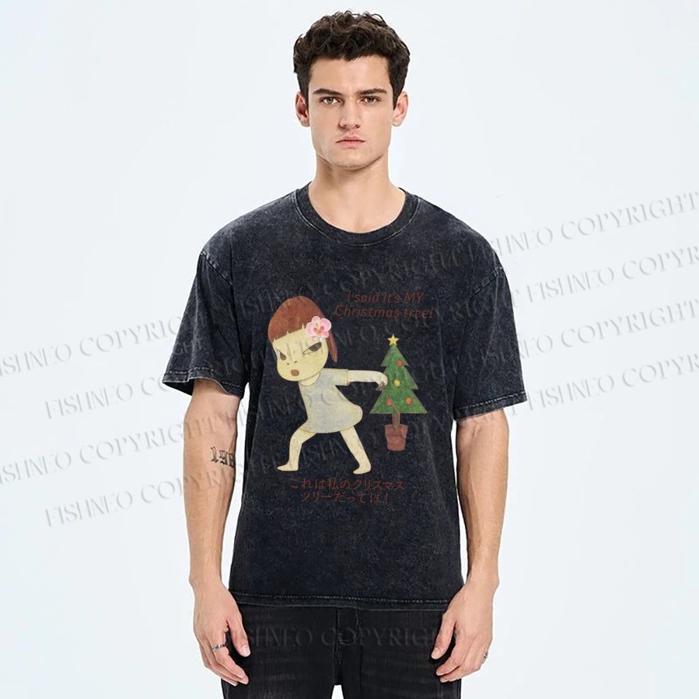 Unisex Yoshitomo Nara Christmas Tree Printed Washed Tee