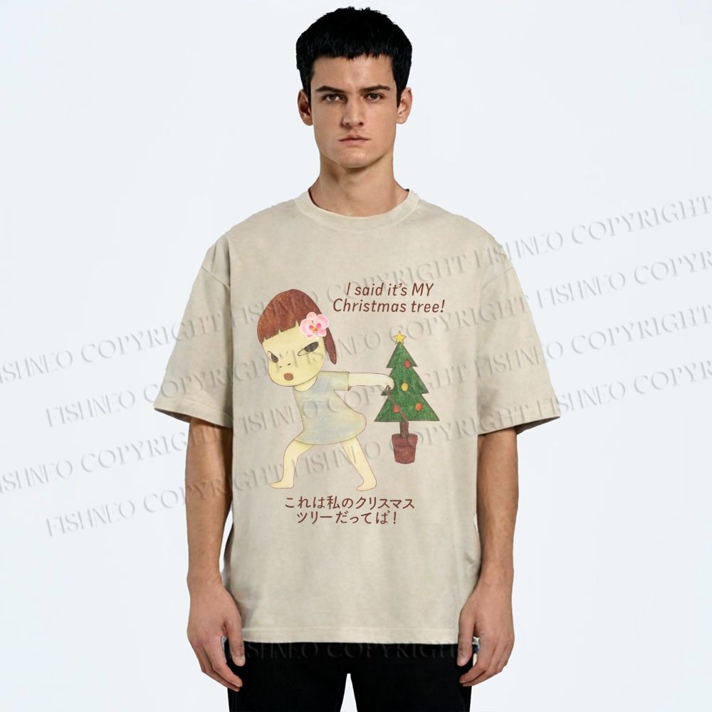 Unisex Yoshitomo Nara Christmas Tree Printed Washed Tee