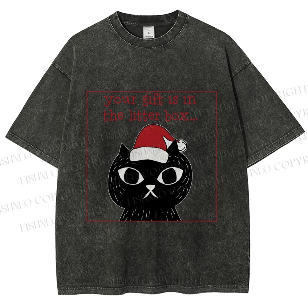 Unisex Christmas Black Cat Your Gift is in this Little Box Printed Washed Tee