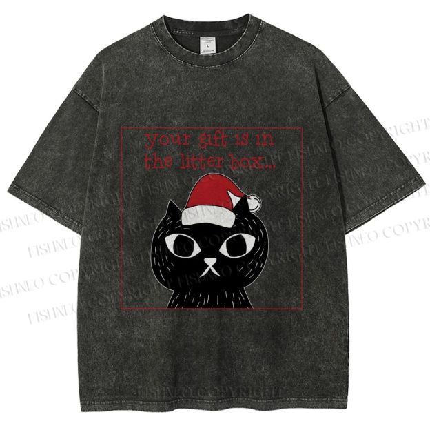 Unisex Christmas Black Cat Your Gift is in this Little Box Printed Washed Tee