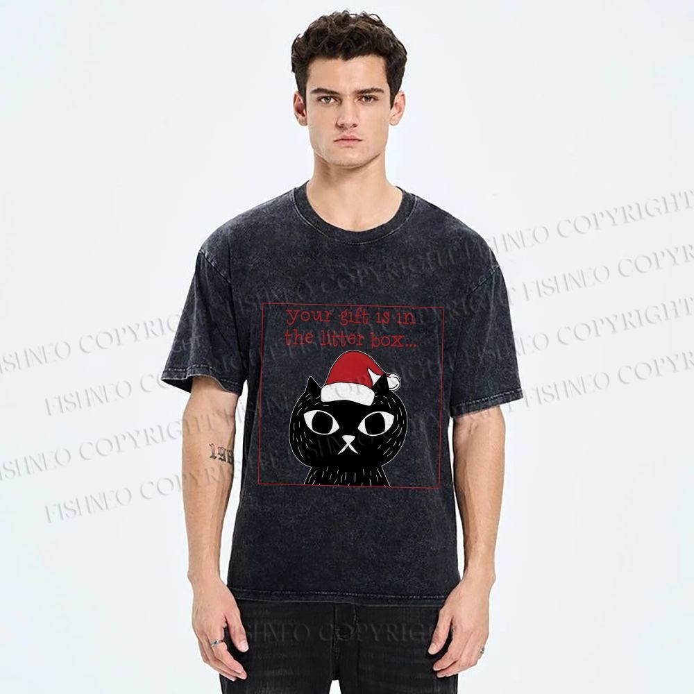 Unisex Christmas Black Cat Your Gift is in this Little Box Printed Washed Tee