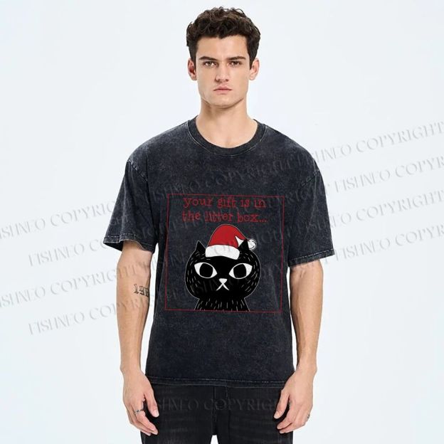 Unisex Christmas Black Cat Your Gift is in this Little Box Printed Washed Tee
