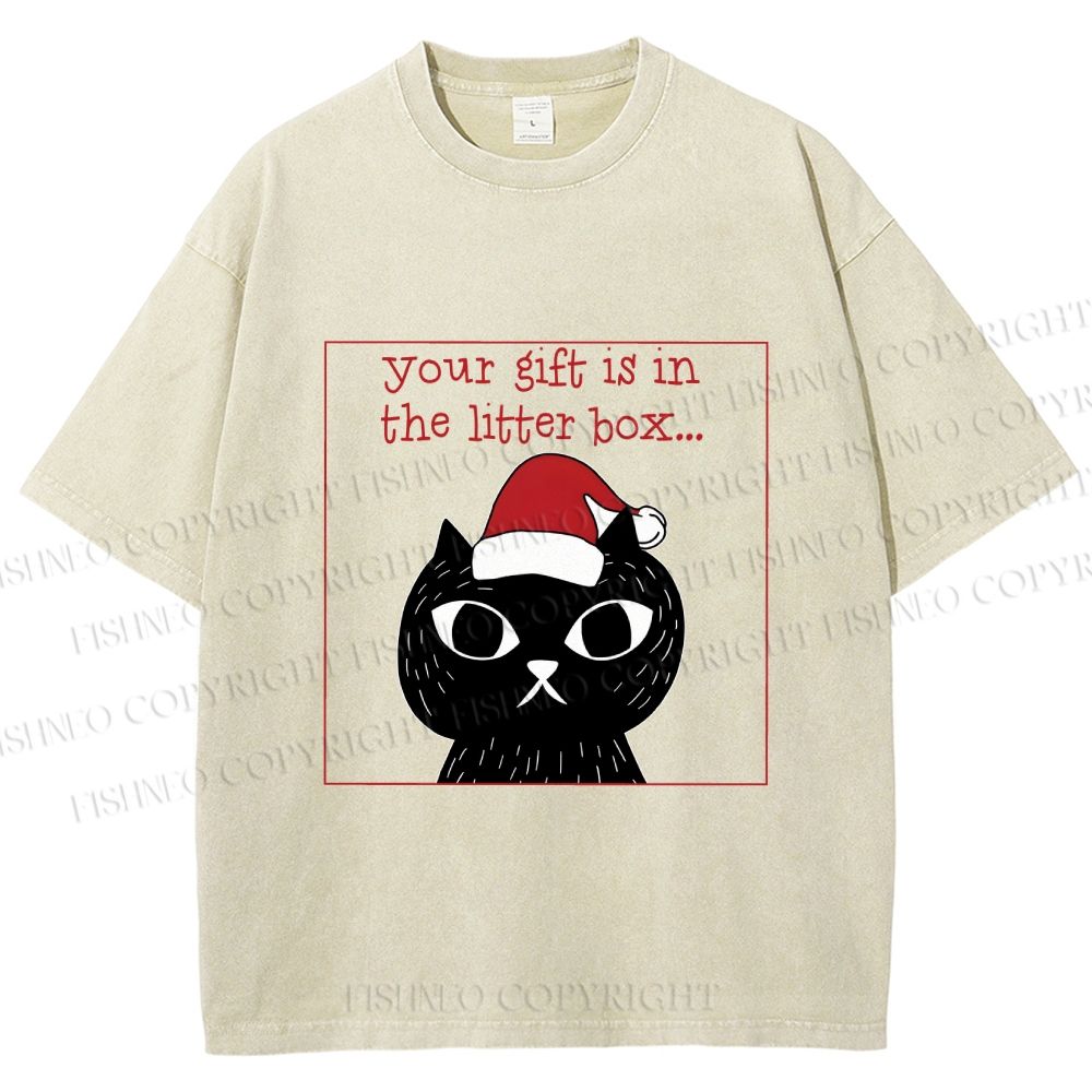 Unisex Christmas Black Cat Your Gift is in this Little Box Printed Washed Tee