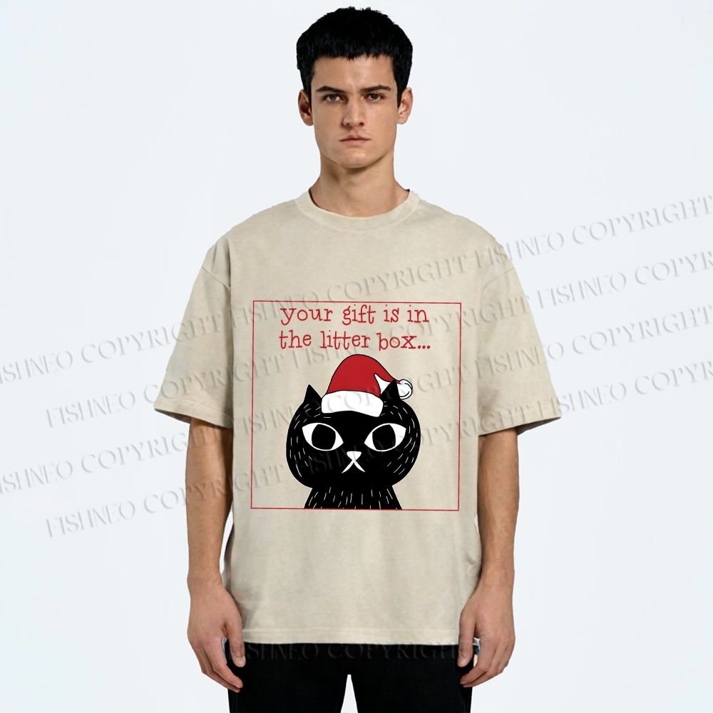Unisex Christmas Black Cat Your Gift is in this Little Box Printed Washed Tee
