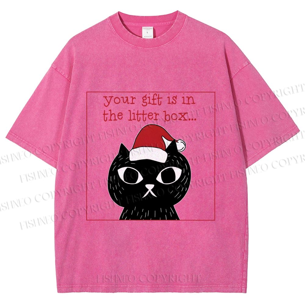 Unisex Christmas Black Cat Your Gift is in this Little Box Printed Washed Tee