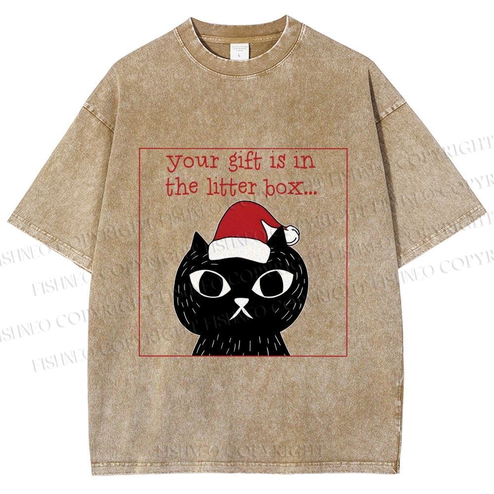 Unisex Christmas Black Cat Your Gift is in this Little Box Printed Washed Tee