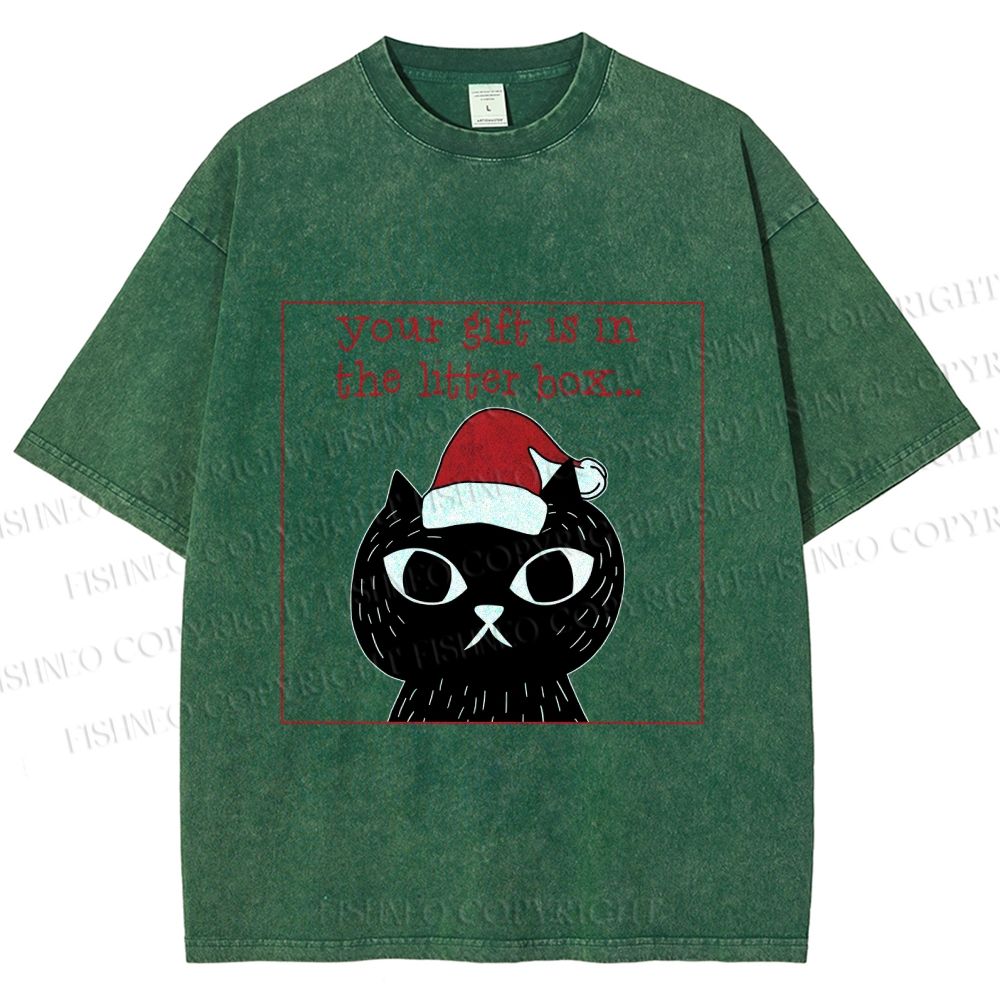 Unisex Christmas Black Cat Your Gift is in this Little Box Printed Washed Tee
