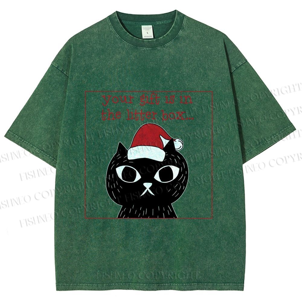 Unisex Christmas Black Cat Your Gift is in this Little Box Printed Washed Tee