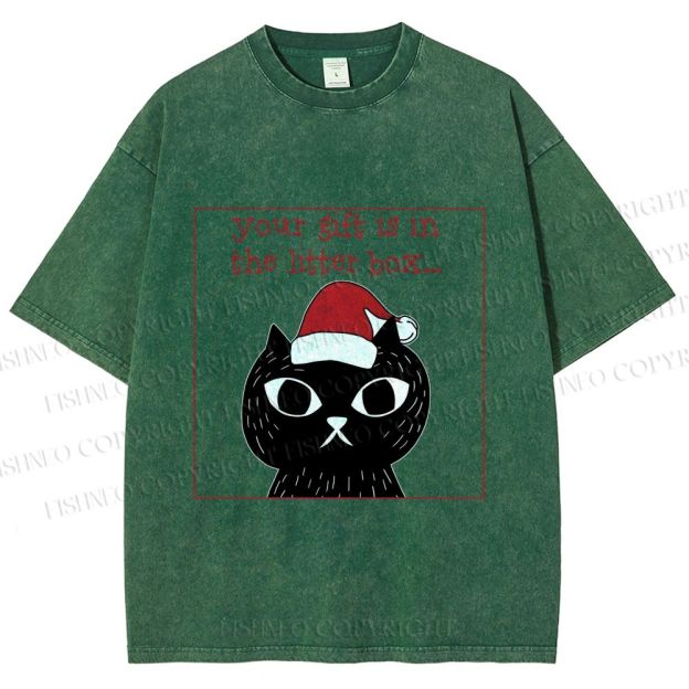 Unisex Christmas Black Cat Your Gift is in this Little Box Printed Washed Tee