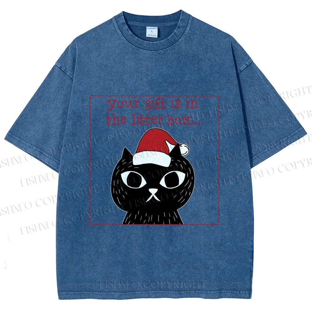 Unisex Christmas Black Cat Your Gift is in this Little Box Printed Washed Tee