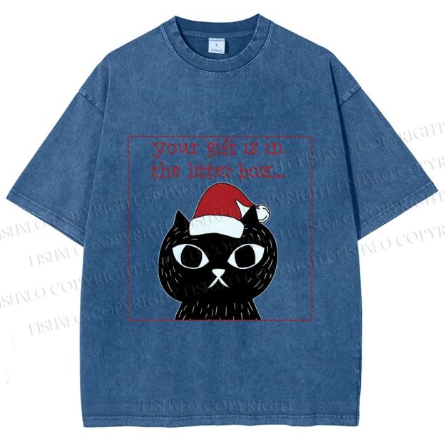 Unisex Christmas Black Cat Your Gift is in this Little Box Printed Washed Tee