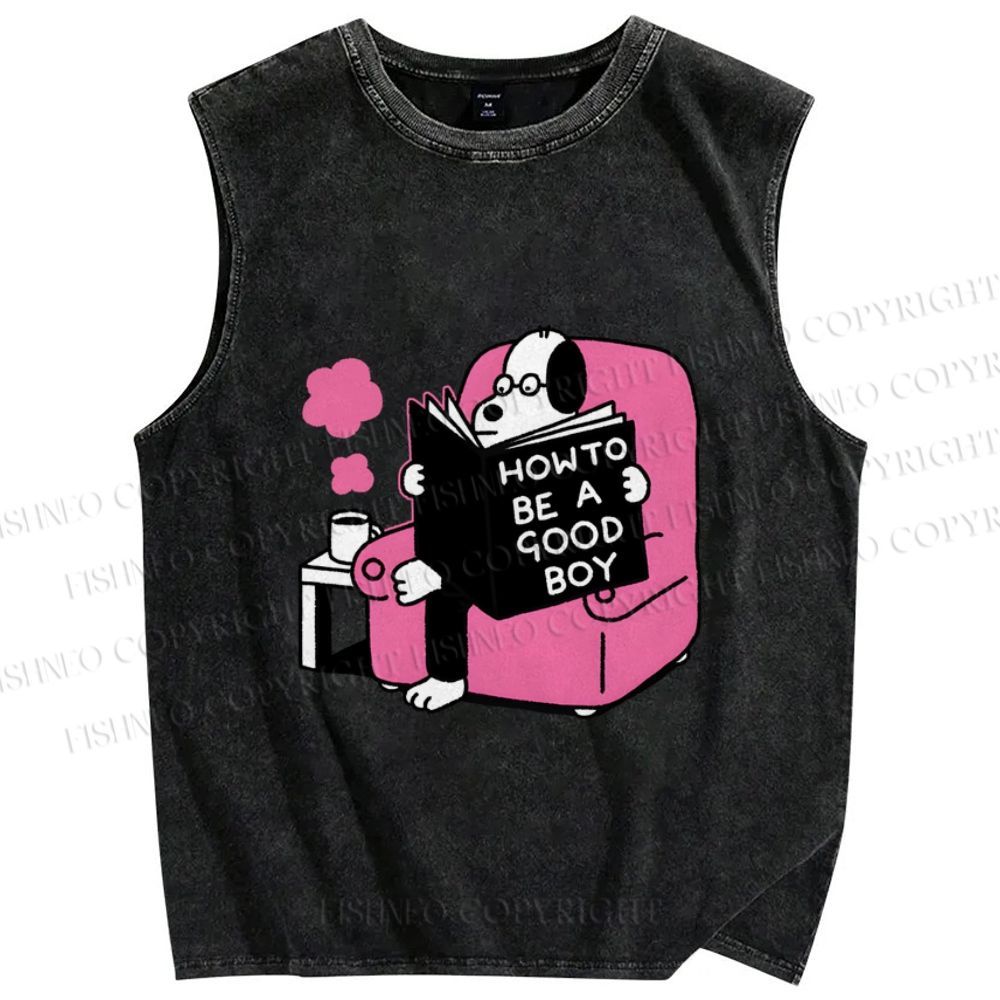 Unisex Dog Reading How To Be A Good Boy Printed Washed Tank Top