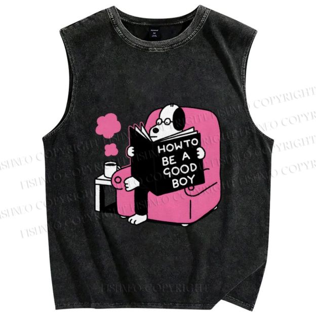 Unisex Dog Reading How To Be A Good Boy Printed Washed Tank Top