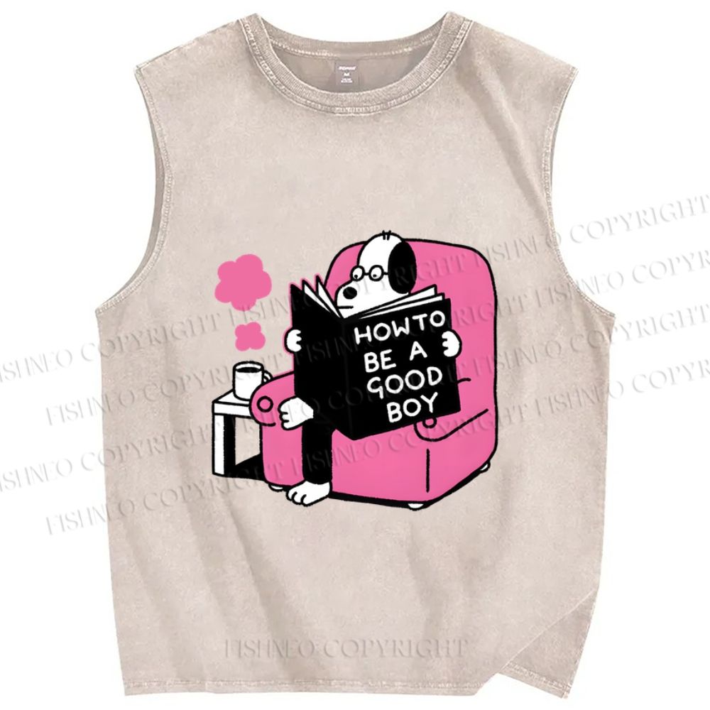 Unisex Dog Reading How To Be A Good Boy Printed Washed Tank Top