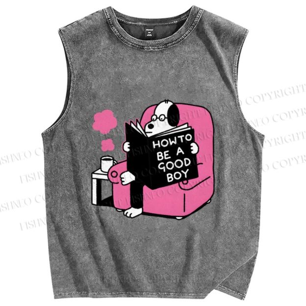 Unisex Dog Reading How To Be A Good Boy Printed Washed Tank Top