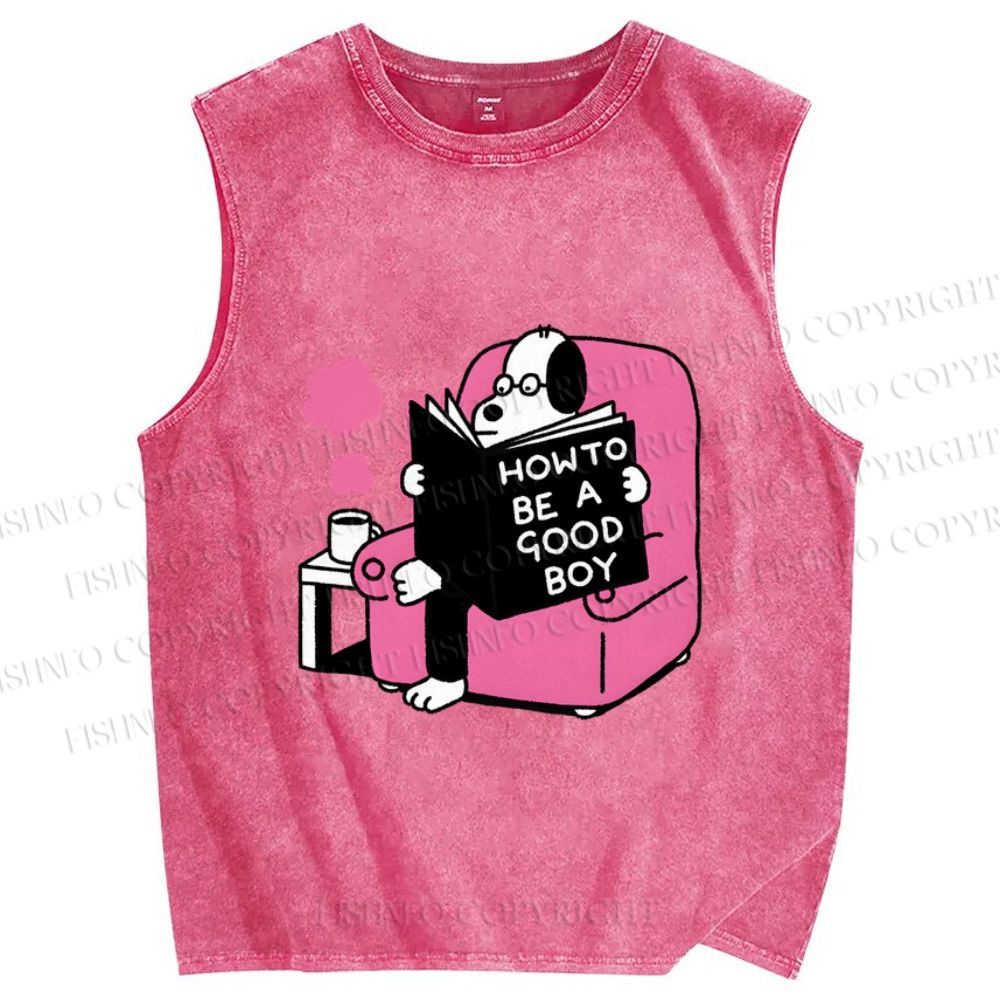 Unisex Dog Reading How To Be A Good Boy Printed Washed Tank Top