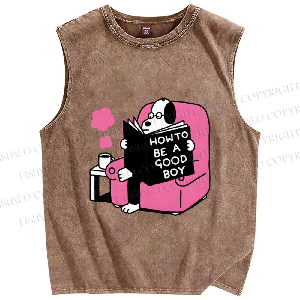 Unisex Dog Reading How To Be A Good Boy Printed Washed Tank Top