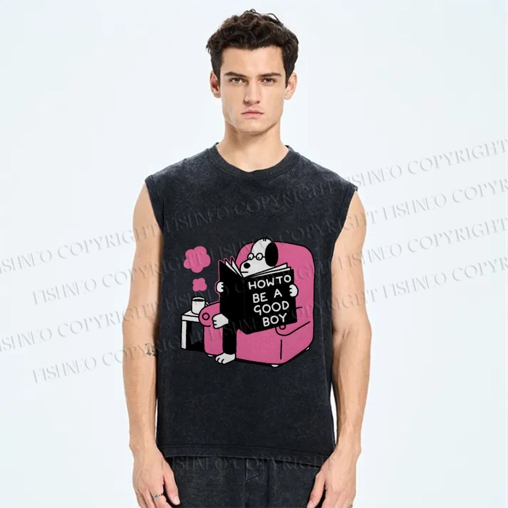 Unisex Dog Reading How To Be A Good Boy Printed Washed Tank Top