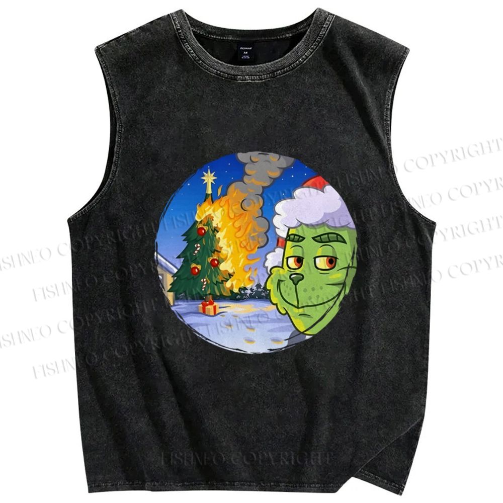Unisex Christmas On Fire Grinch is Smiling Printed Washed Tank Top